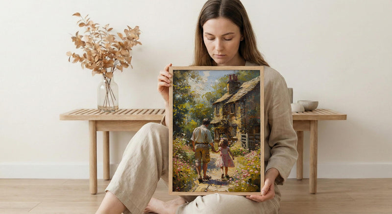 English Countryside Art Print, Father And Child Poster - Cozy Country Decor