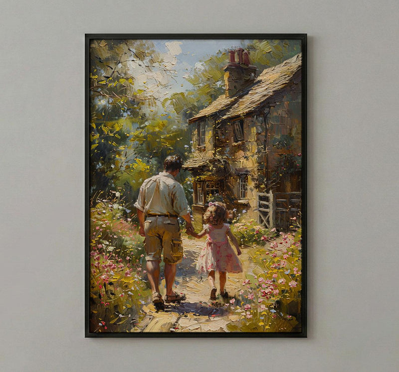 English Countryside Art Print, Father And Child Poster - Cozy Country Decor
