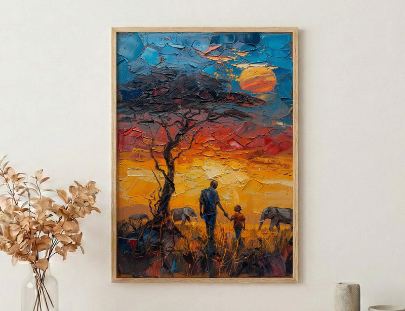 Serengeti Savanna Wall Art, Father And Child Print - African Safari Decor