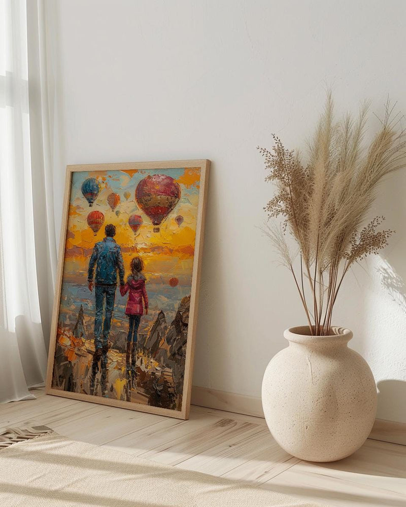 Cappadocia Poster, Father And Child Sunrise Art - Magical Travel Decor