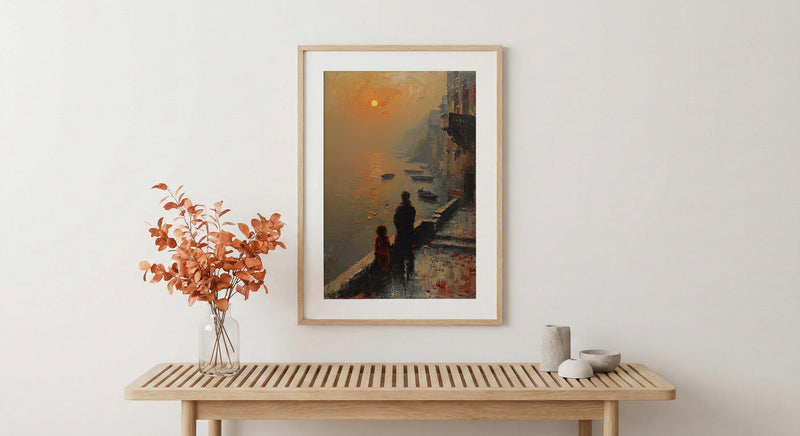 Varanasi Ghats Wall Art, Father And Child Decor - Spiritual River Print