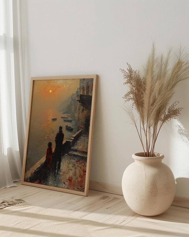 Varanasi Ghats Wall Art, Father And Child Decor - Spiritual River Print