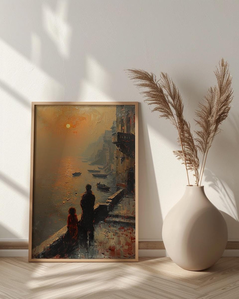 Varanasi Ghats Wall Art, Father And Child Decor - Spiritual River Print
