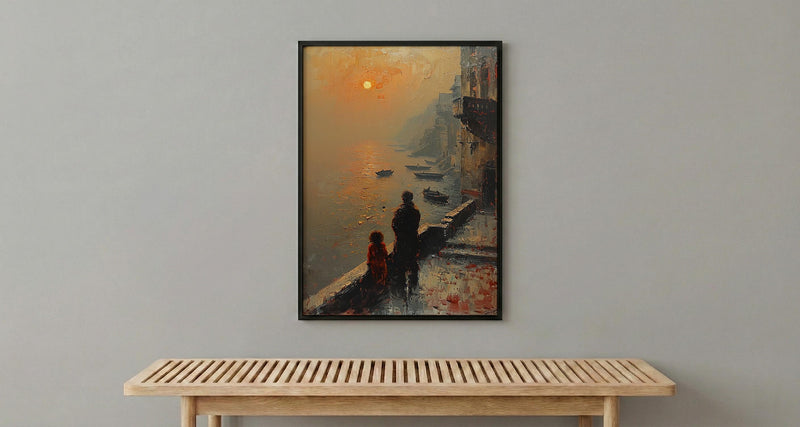 Varanasi Ghats Wall Art, Father And Child Decor - Spiritual River Print