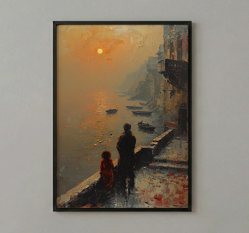 Varanasi Ghats Wall Art, Father And Child Decor - Spiritual River Print