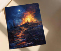 New England Night Art Print, Historic Fire Decor - Wild Americana Landscape