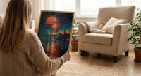 Colonial Town Fireworks Wall Art, 4th of July Decor - Independence Day Print