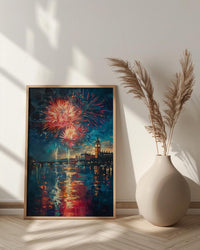 Colonial Town Fireworks Wall Art, 4th of July Decor - Independence Day Print