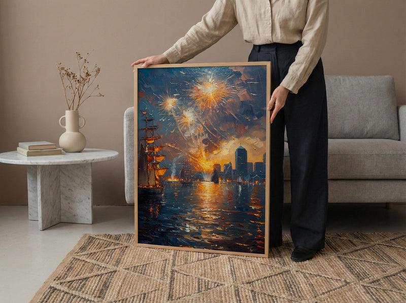 Boston Skyline Fireworks Poster, 4th of July Harbor Wall Decor - Patriotic City Art