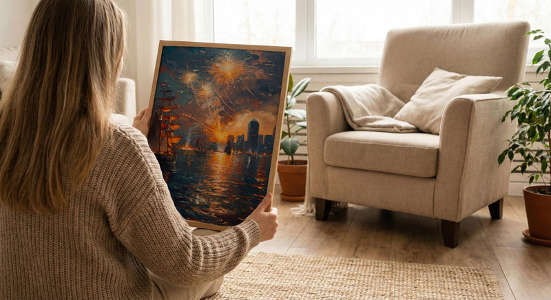 Boston Skyline Fireworks Poster, 4th of July Harbor Wall Decor - Patriotic City Art