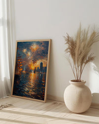 Boston Skyline Fireworks Poster, 4th of July Harbor Wall Decor - Patriotic City Art