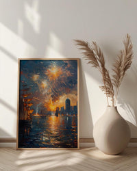Boston Skyline Fireworks Poster, 4th of July Harbor Wall Decor - Patriotic City Art