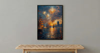 Boston Skyline Fireworks Poster, 4th of July Harbor Wall Decor - Patriotic City Art