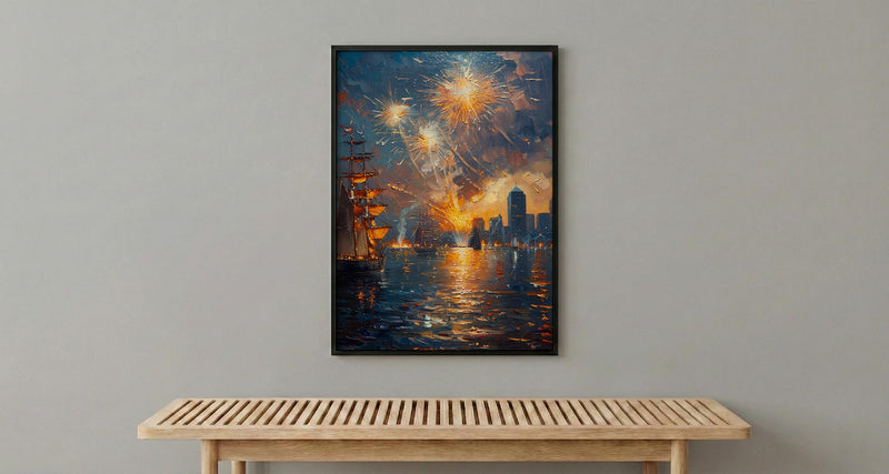 Boston Skyline Fireworks Poster, 4th of July Harbor Wall Decor - Patriotic City Art