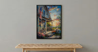Americana Porch Poster, Vintage Summer Decor - Patriotic Hydrangea Art
