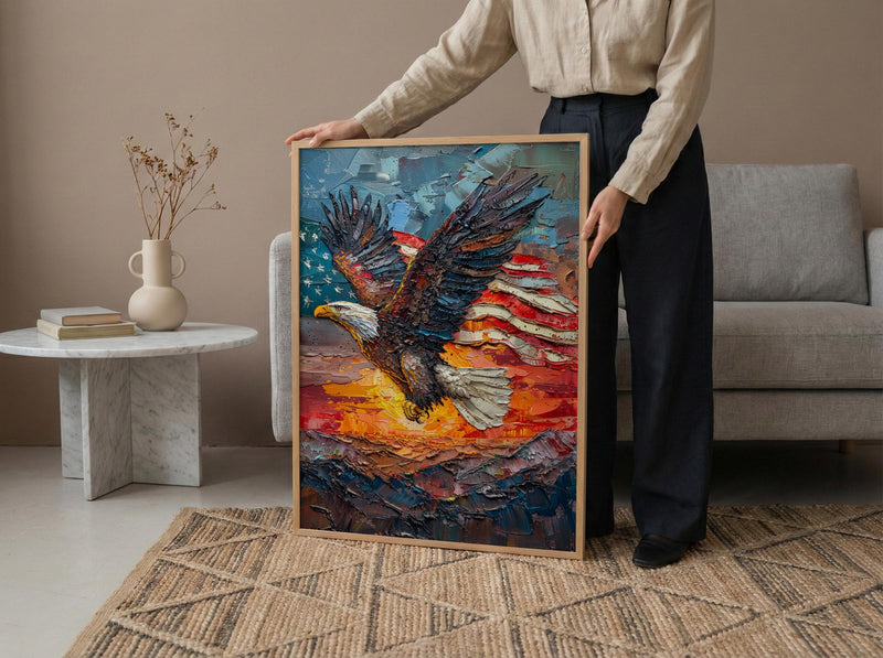 Bald Eagle Sunrise Art Print, Patriotic Mountain Decor - American Flag Poster