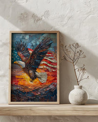 Bald Eagle Sunrise Art Print, Patriotic Mountain Decor - American Flag Poster