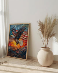 Bald Eagle Sunrise Art Print, Patriotic Mountain Decor - American Flag Poster