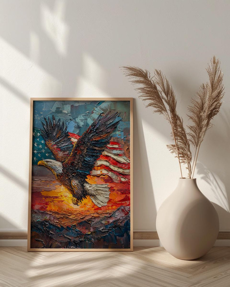Bald Eagle Sunrise Art Print, Patriotic Mountain Decor - American Flag Poster