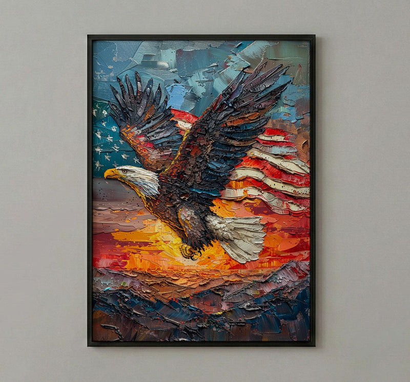 Bald Eagle Sunrise Art Print, Patriotic Mountain Decor - American Flag Poster