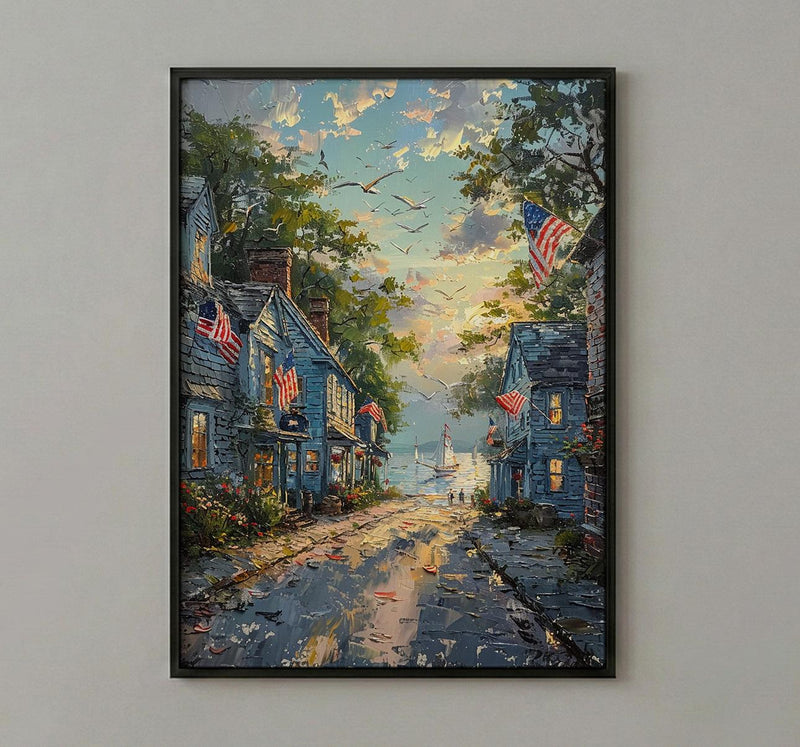 Americana Main Street Art Print, 4th of July Decor - Small Town Flag Poster