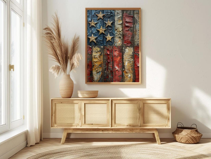 Weathered American Flag Wall Art, Rustic Patriotic Decor - Vintage Flag Print