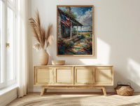 White Farmhouse Porch Art Print, Country Americana Wall Decor - Patriotic Home Poster