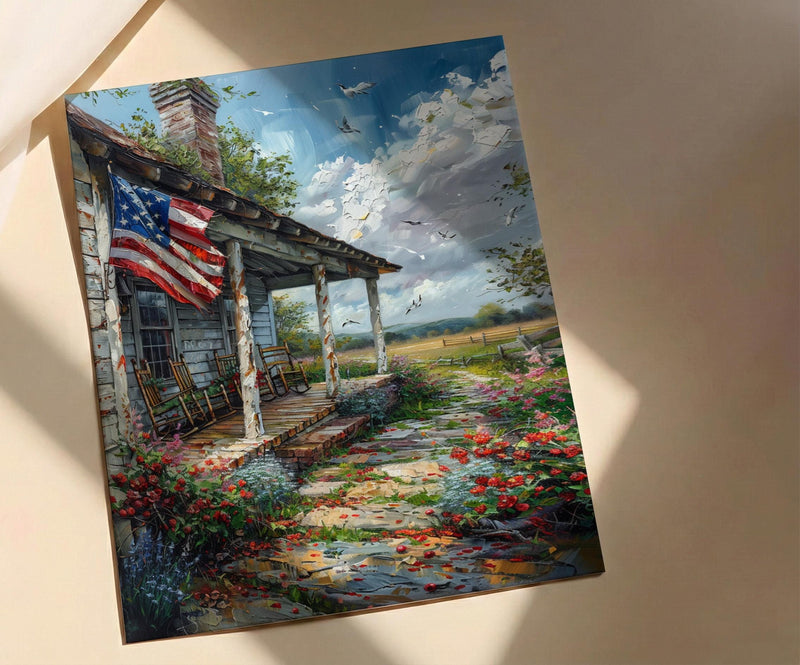 White Farmhouse Porch Art Print, Country Americana Wall Decor - Patriotic Home Poster