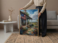 White Farmhouse Porch Art Print, Country Americana Wall Decor - Patriotic Home Poster
