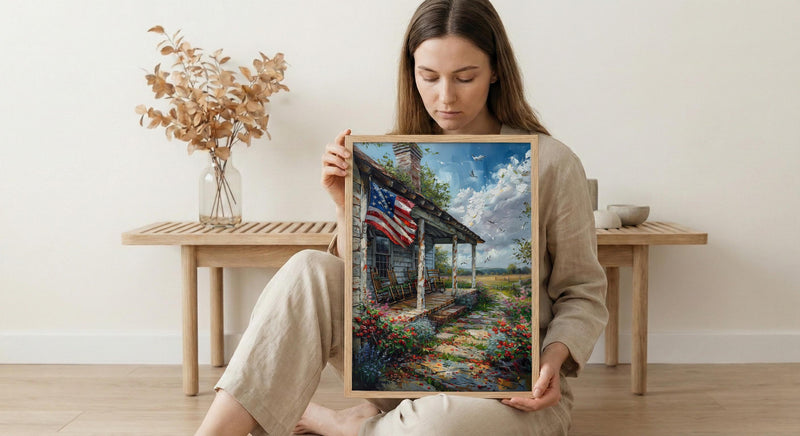 White Farmhouse Porch Art Print, Country Americana Wall Decor - Patriotic Home Poster