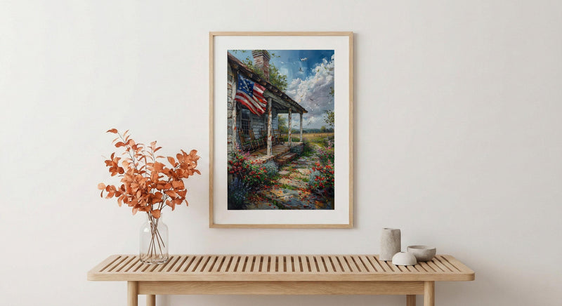 White Farmhouse Porch Art Print, Country Americana Wall Decor - Patriotic Home Poster
