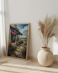 White Farmhouse Porch Art Print, Country Americana Wall Decor - Patriotic Home Poster