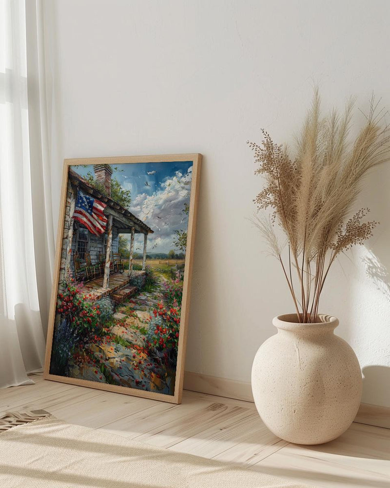 White Farmhouse Porch Art Print, Country Americana Wall Decor - Patriotic Home Poster