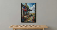 White Farmhouse Porch Art Print, Country Americana Wall Decor - Patriotic Home Poster