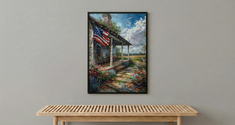 White Farmhouse Porch Art Print, Country Americana Wall Decor - Patriotic Home Poster