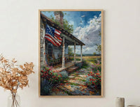 White Farmhouse Porch Art Print, Country Americana Wall Decor - Patriotic Home Poster