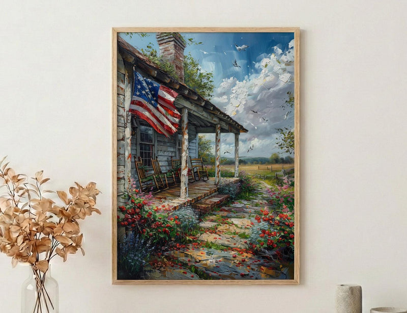 White Farmhouse Porch Art Print, Country Americana Wall Decor - Patriotic Home Poster