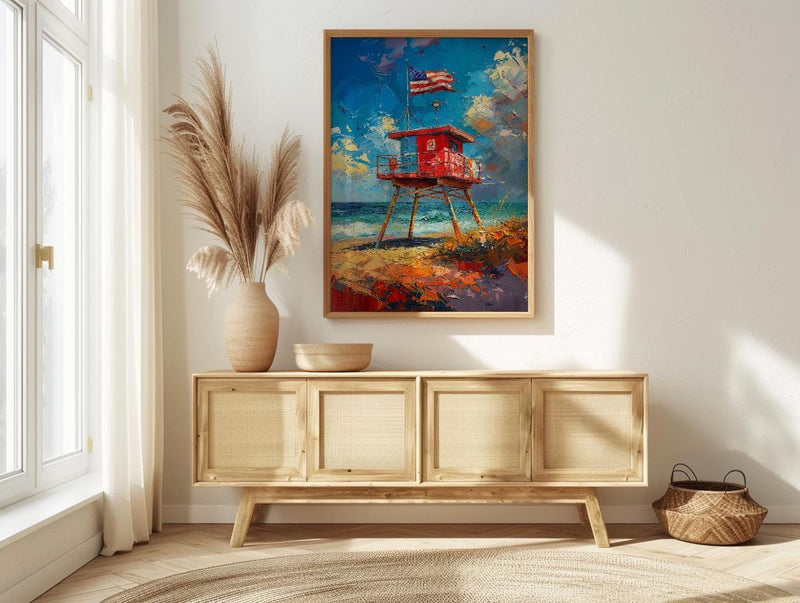 Lifeguard Stand Wall Art, Florida Beach Decor - Patriotic Ocean Print