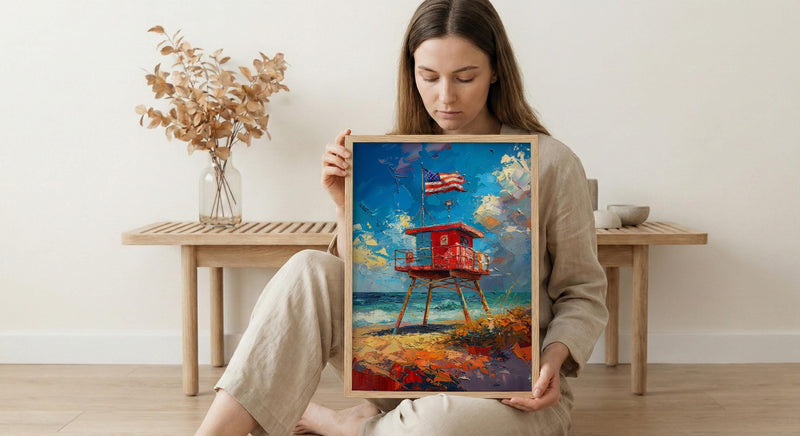 Lifeguard Stand Wall Art, Florida Beach Decor - Patriotic Ocean Print