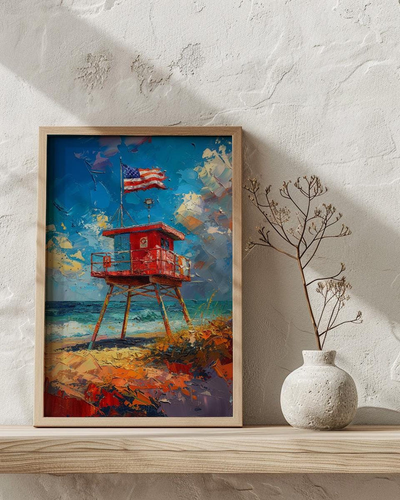 Lifeguard Stand Wall Art, Florida Beach Decor - Patriotic Ocean Print