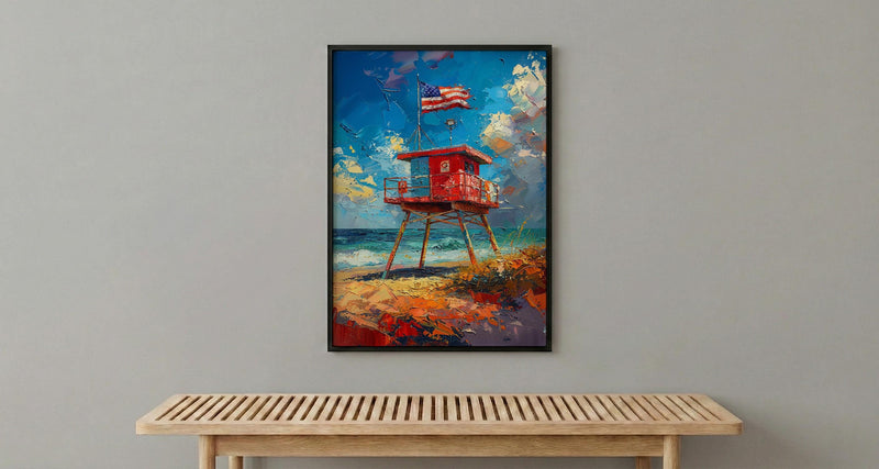 Lifeguard Stand Wall Art, Florida Beach Decor - Patriotic Ocean Print