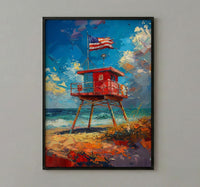 Lifeguard Stand Wall Art, Florida Beach Decor - Patriotic Ocean Print