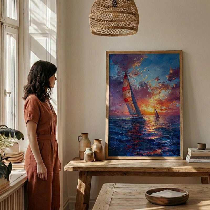 Sailboat Racing Art Print, Nautical Patriotic Decor - Ocean Sunset Poster