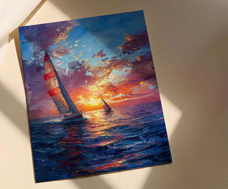 Sailboat Racing Art Print, Nautical Patriotic Decor - Ocean Sunset Poster
