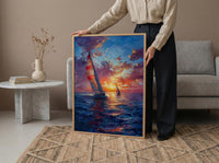 Sailboat Racing Art Print, Nautical Patriotic Decor - Ocean Sunset Poster