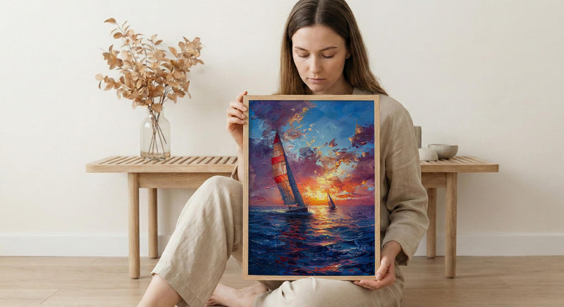 Sailboat Racing Art Print, Nautical Patriotic Decor - Ocean Sunset Poster