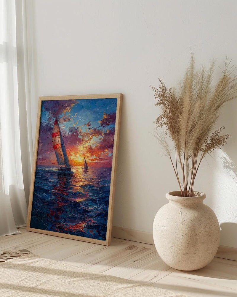 Sailboat Racing Art Print, Nautical Patriotic Decor - Ocean Sunset Poster