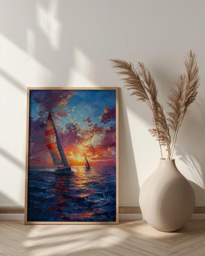 Sailboat Racing Art Print, Nautical Patriotic Decor - Ocean Sunset Poster