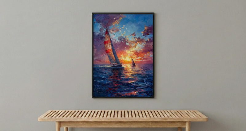 Sailboat Racing Art Print, Nautical Patriotic Decor - Ocean Sunset Poster