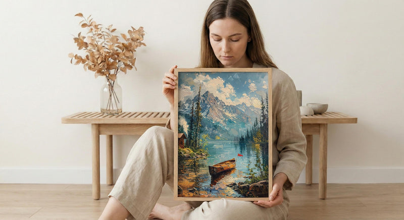 Forest Lake Cabin Art Print, Rustic Summer Decor - Patriotic Nature Poster